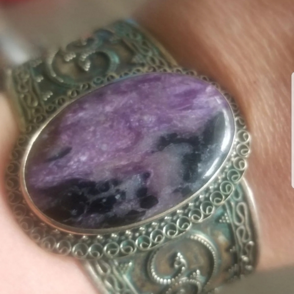 Russian Chiorite cuff bracelet 925 silver stamped